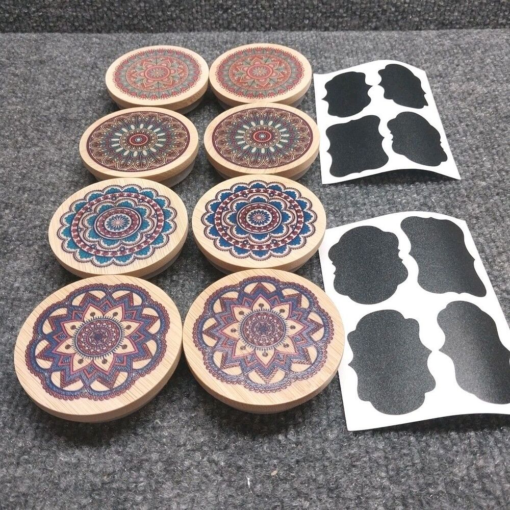 8pc Bamboo Oui Yogurt Jar Lids Mandala w/ Silicone Seals & Chalk Labels New